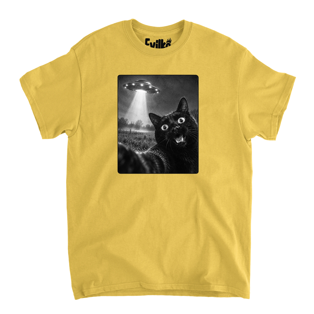 Black Cat UFO Selfie — Mens Tee — Daisy — Front