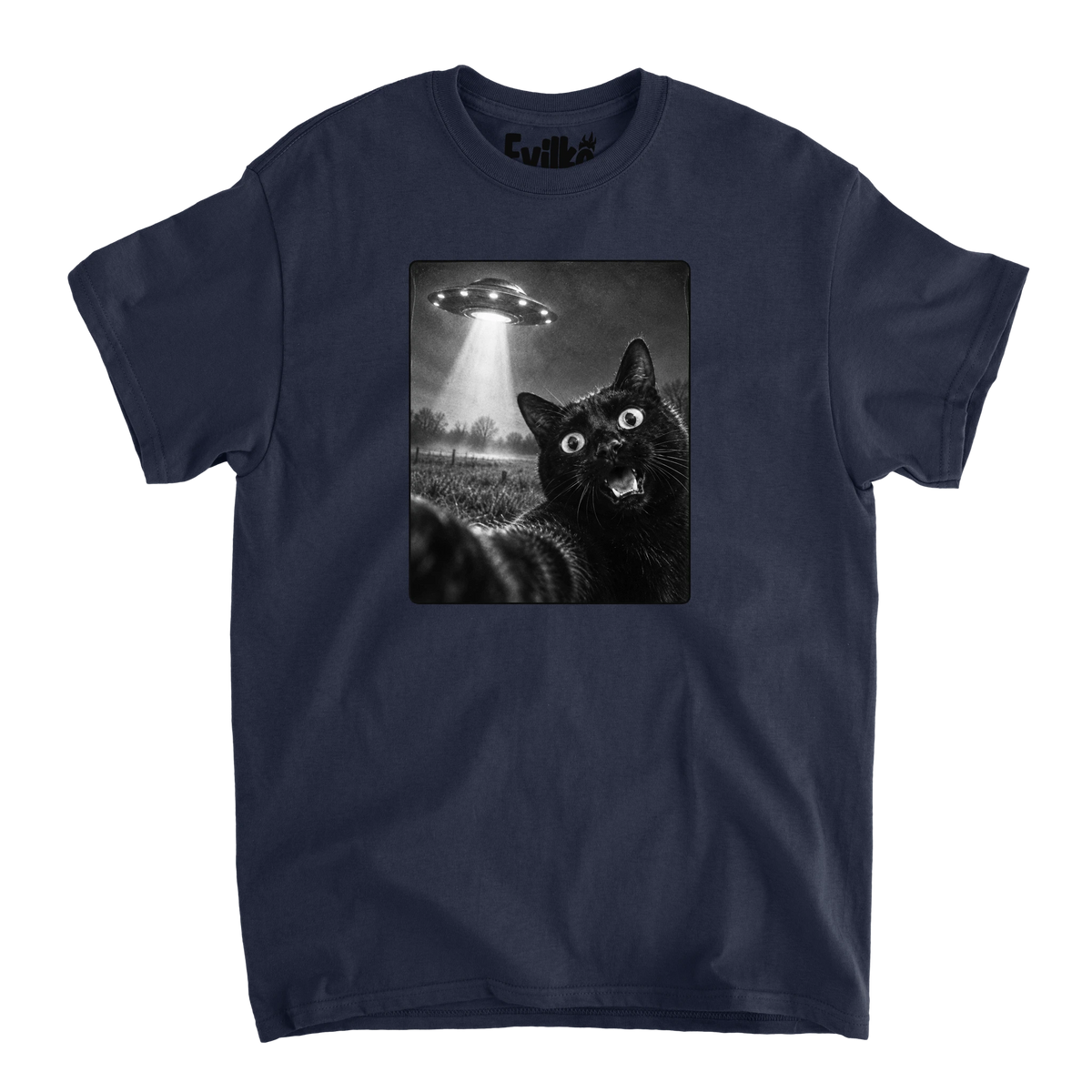 Black Cat UFO Selfie — Mens Tee — Navy — Front