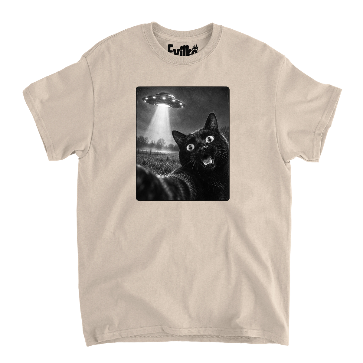 Black Cat UFO Selfie — Mens Tee — Sand — Front
