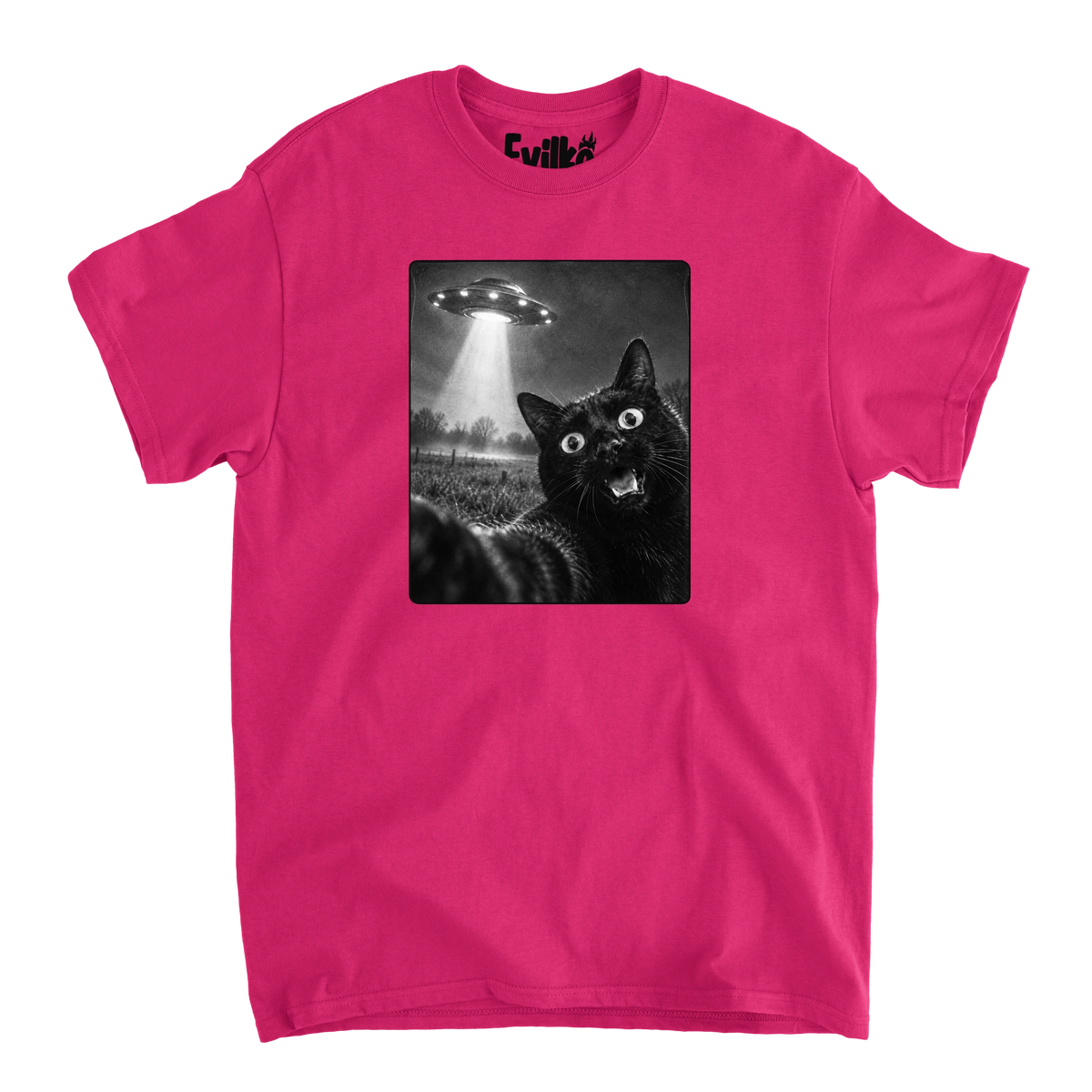 Black Cat UFO Selfie — Mens Tee — Heliconia — Front