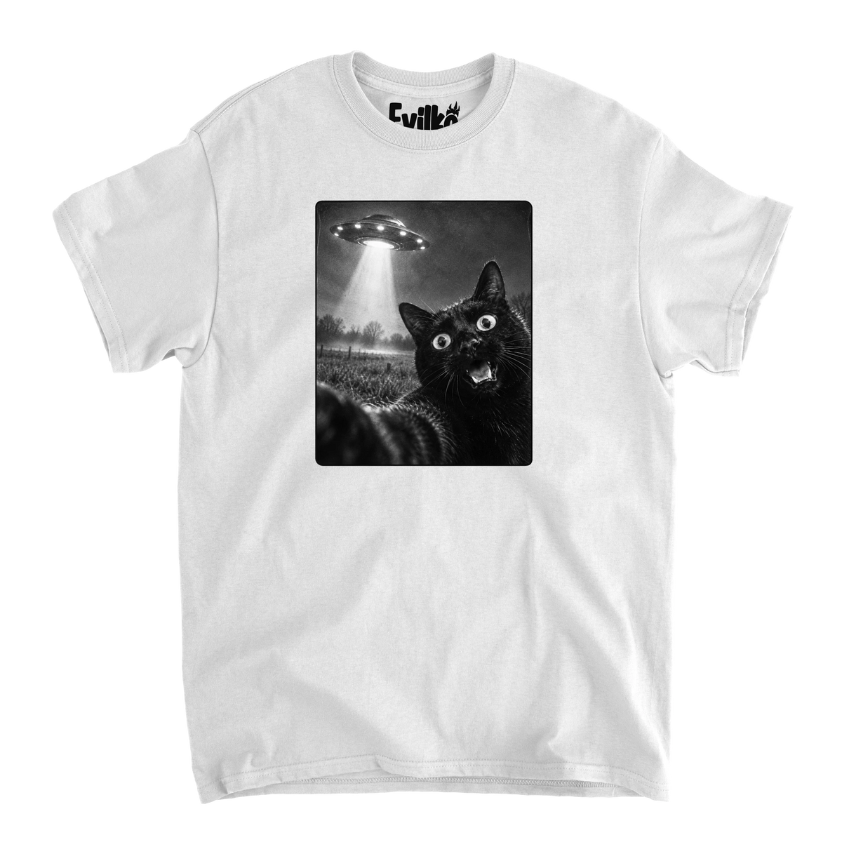 Black Cat UFO Selfie — Mens Tee — White — Front