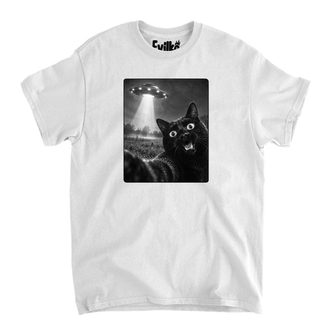 Black Cat UFO Selfie — Mens Tee — White — Front