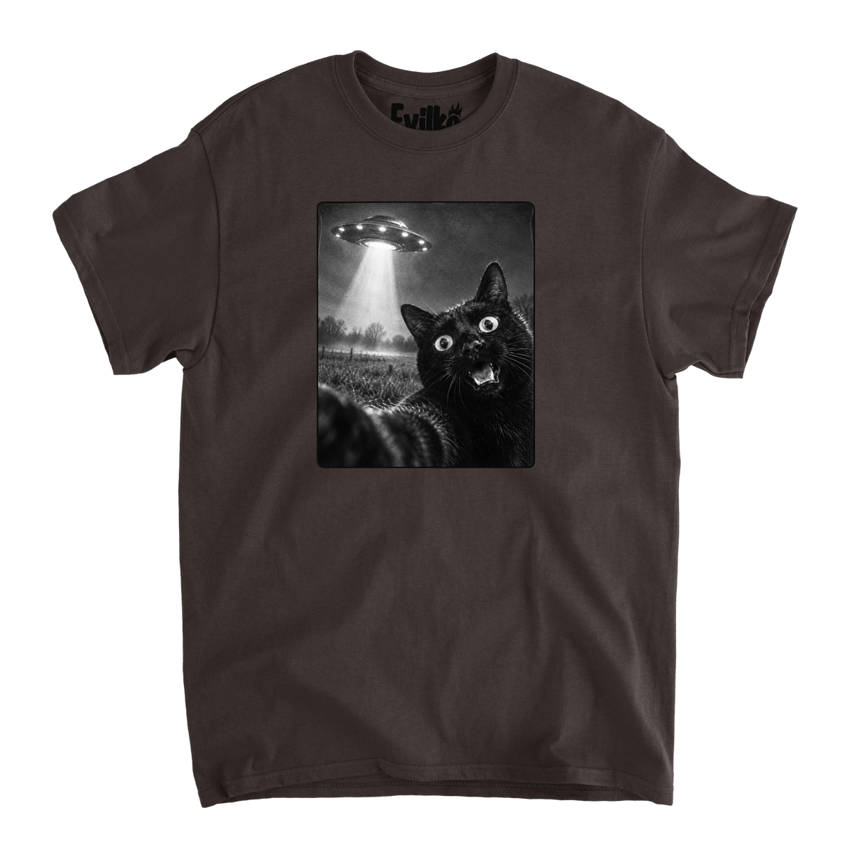 Black Cat UFO Selfie — Mens Tee — Dark Chocolate — Front
