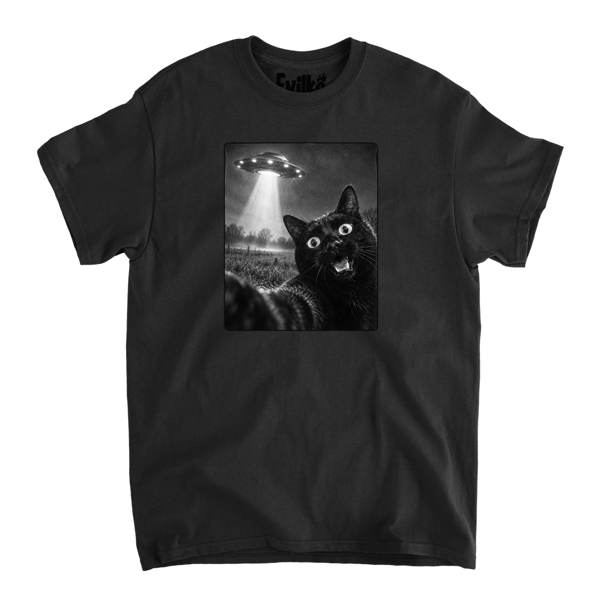 Black Cat UFO Selfie — Mens Tee — Black — Front