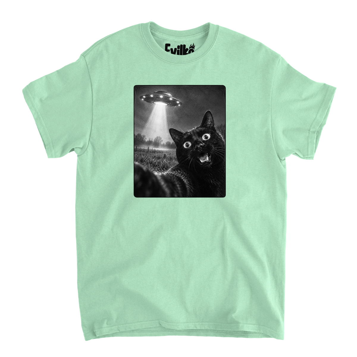 Black Cat UFO Selfie — Mens Tee — Mint — Front