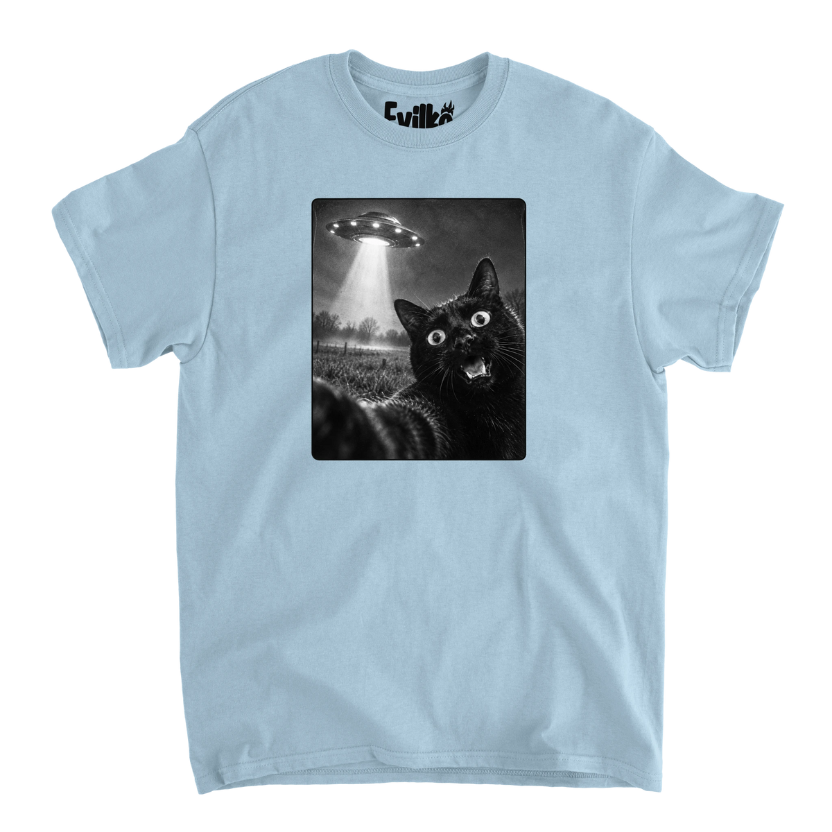 Black Cat UFO Selfie — Mens Tee — Light Blue — Front