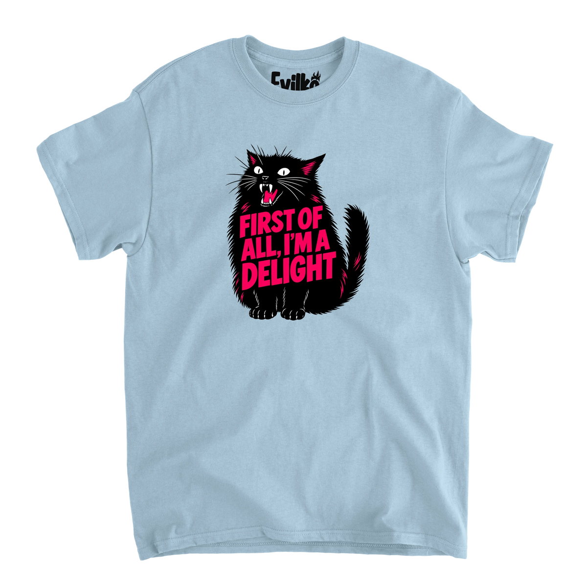 First Of All Im A Delight Cat — Mens Tee — Light Blue — Front