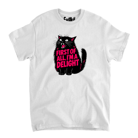 First Of All Im A Delight Cat — Mens Tee — White — Front