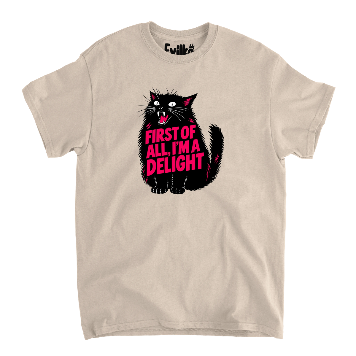 First Of All Im A Delight Cat — Mens Tee — Sand — Front