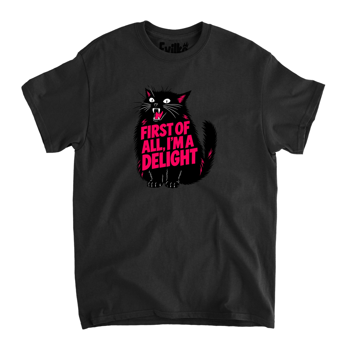 First Of All Im A Delight Cat — Mens Tee — Black — Front