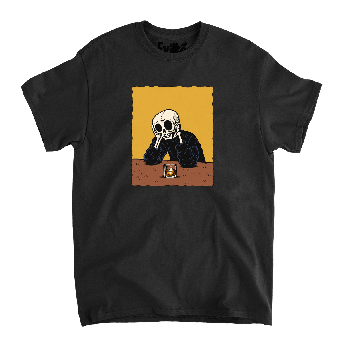 Skeleton Portrait with Mustard Backdrop — Mens Tee — Black — Front