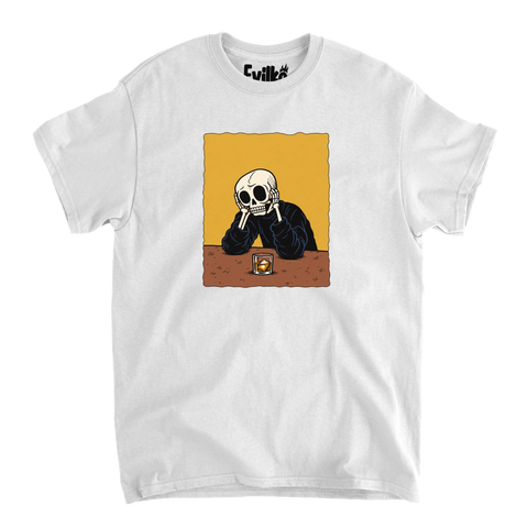 Skeleton Portrait with Mustard Backdrop — Mens Tee — White — Front