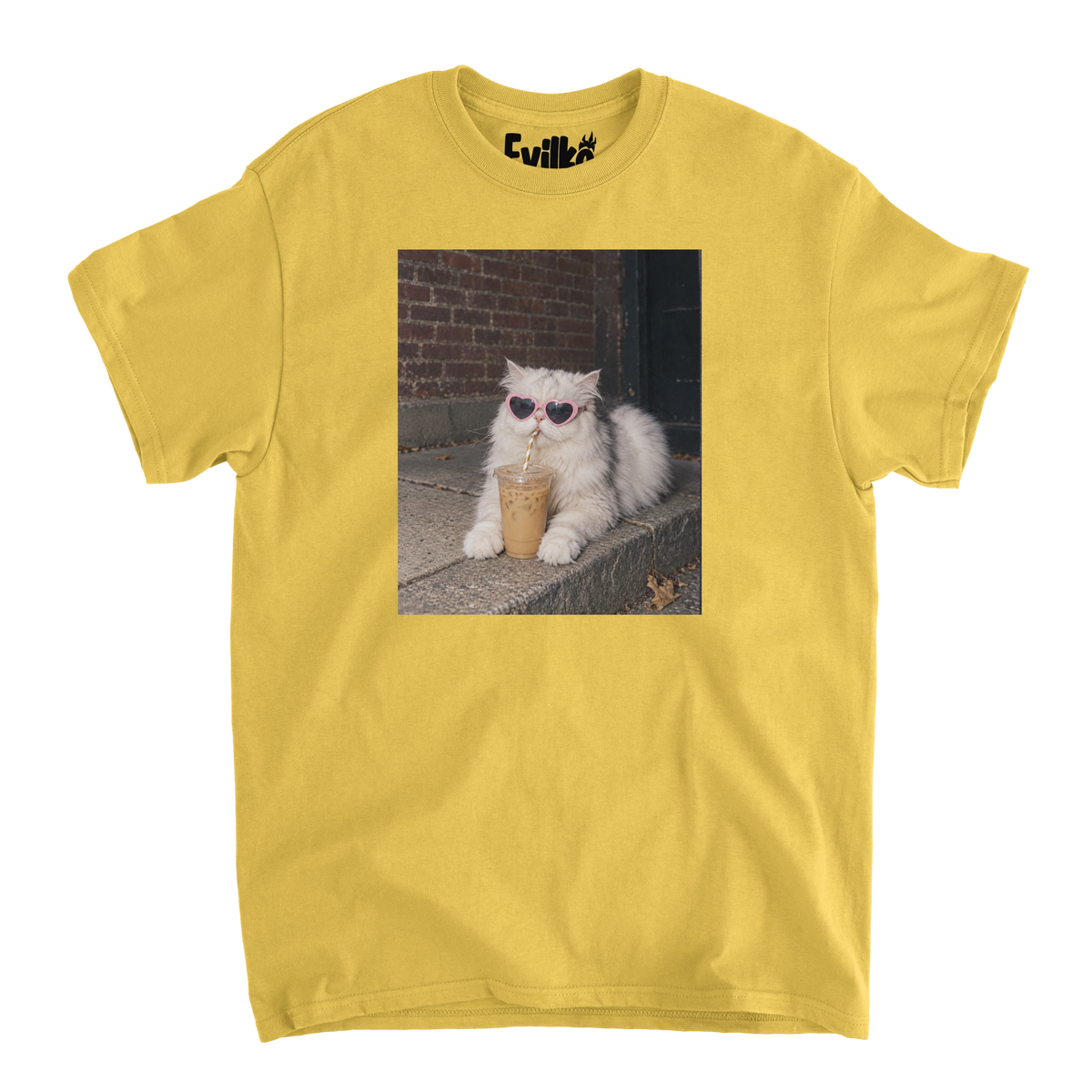 Heart Sunglasses Iced Coffee Cat Photo — Mens Tee — Daisy — Front
