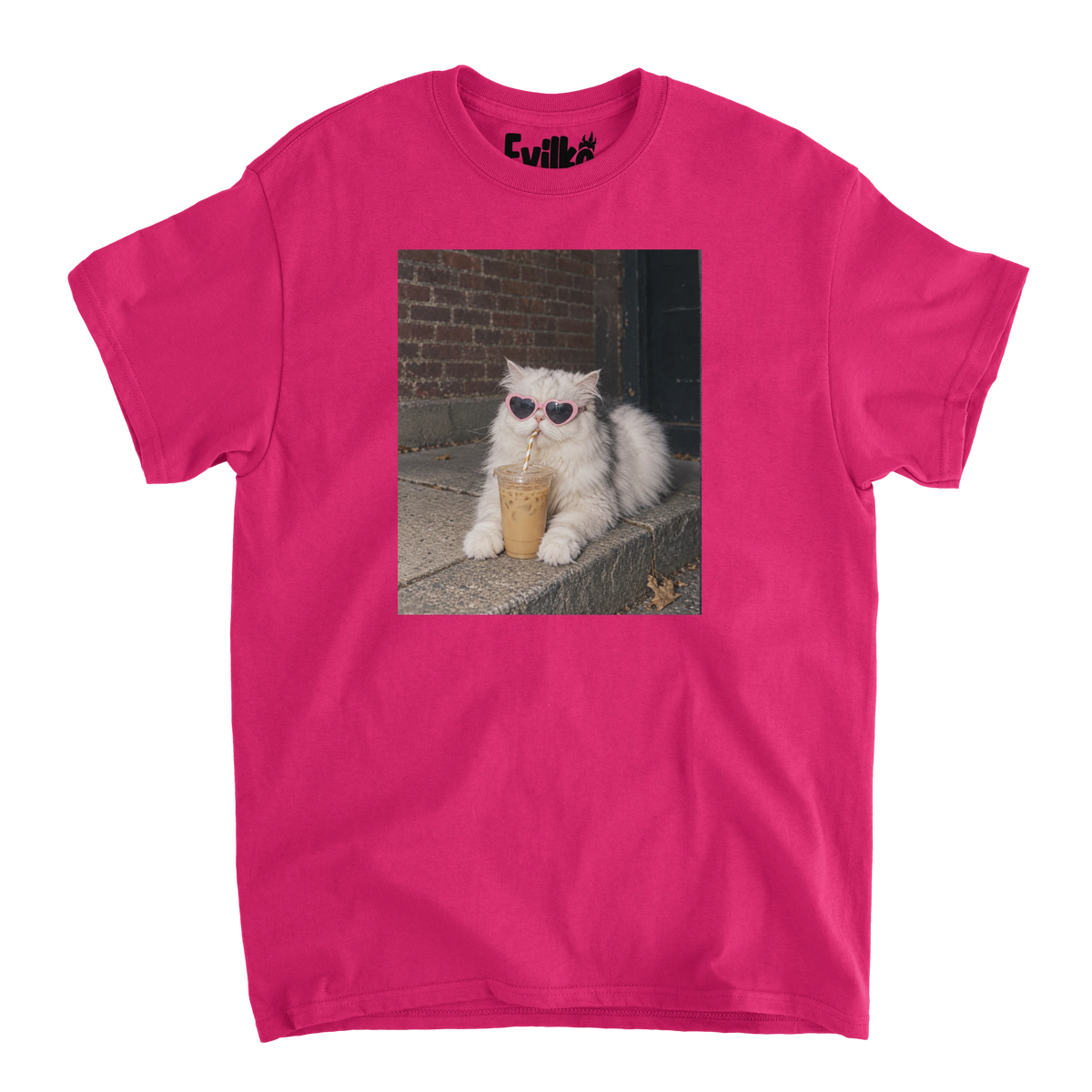 Heart Sunglasses Iced Coffee Cat Photo — Mens Tee — Heliconia — Front