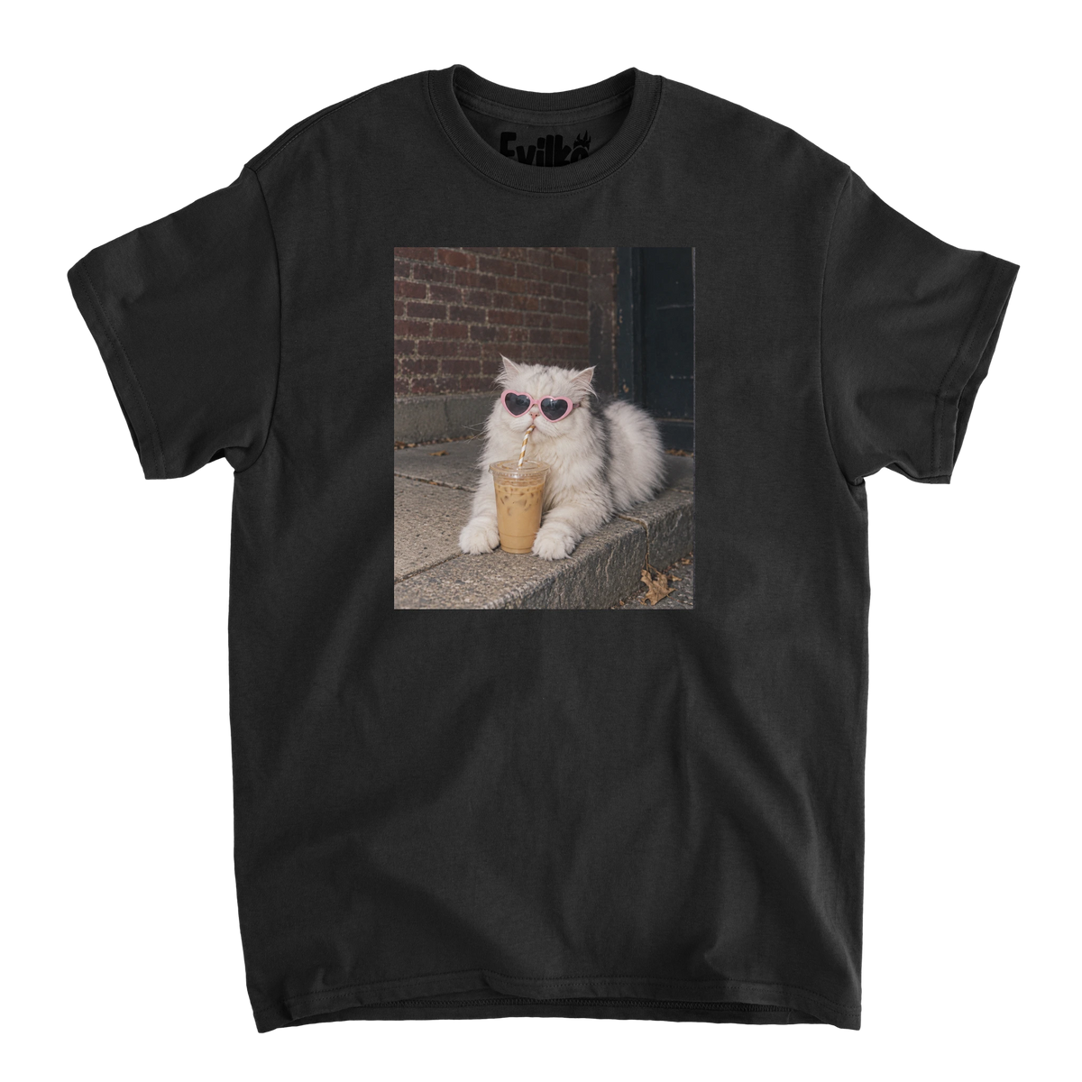 Heart Sunglasses Iced Coffee Cat Photo — Mens Tee — Black — Front