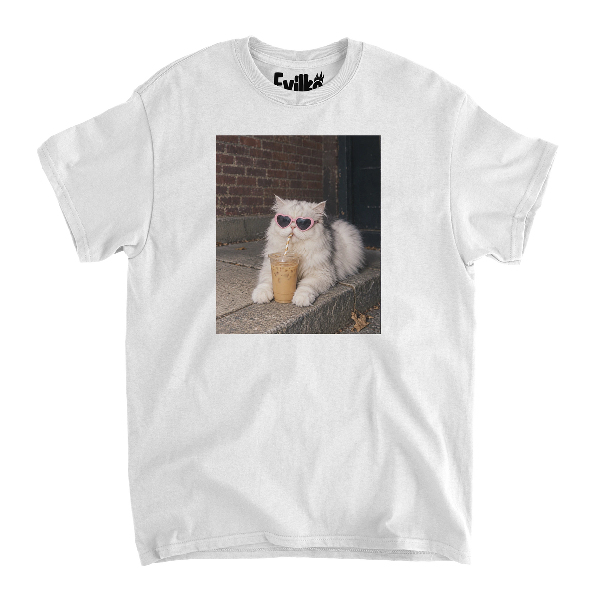 Heart Sunglasses Iced Coffee Cat Photo — Mens Tee — White — Front