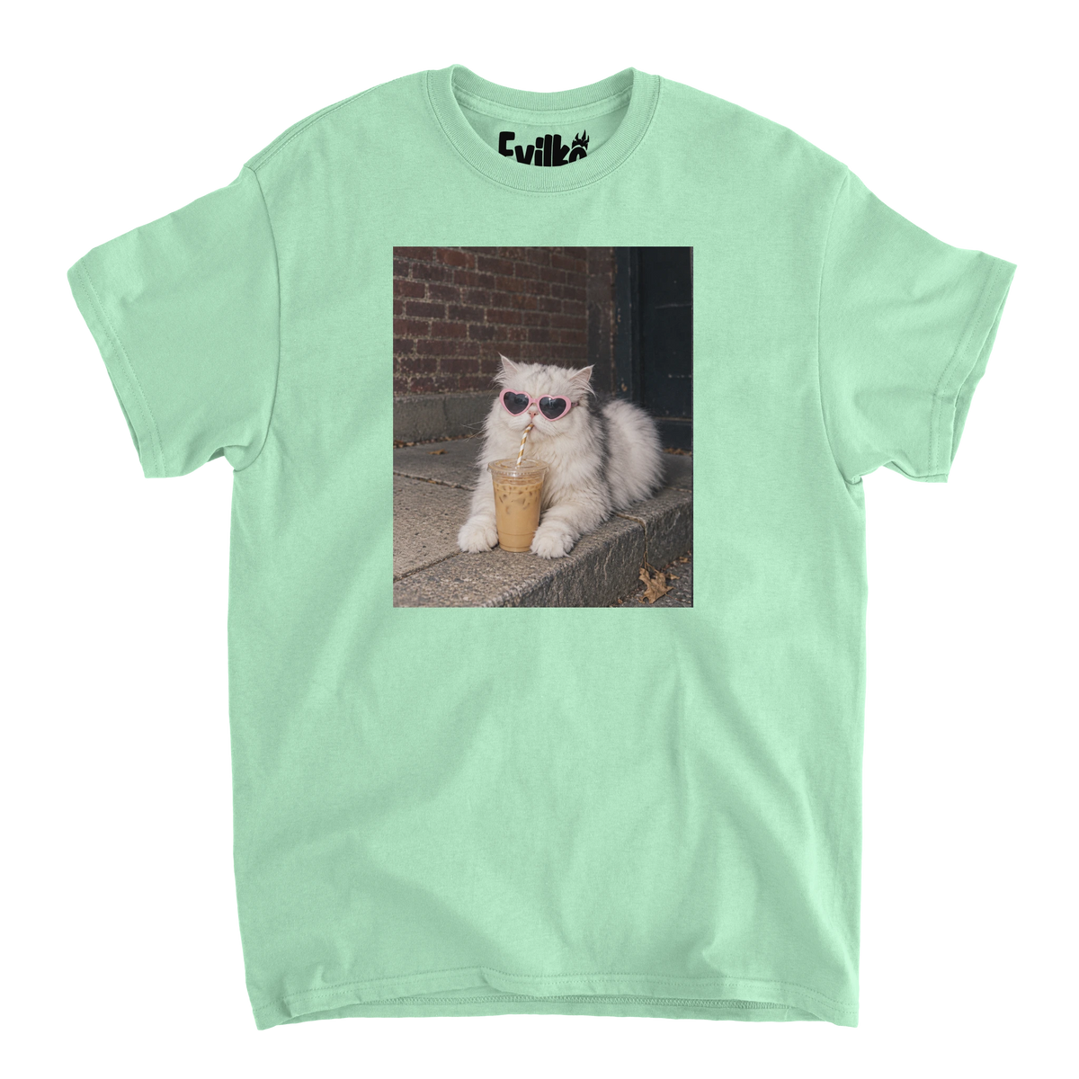 Heart Sunglasses Iced Coffee Cat Photo — Mens Tee — Mint — Front