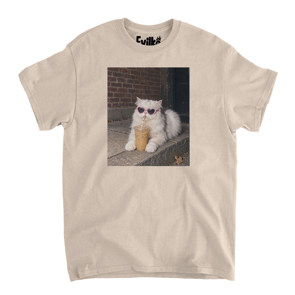 Heart Sunglasses Iced Coffee Cat Photo — Mens Tee — Sand — Front