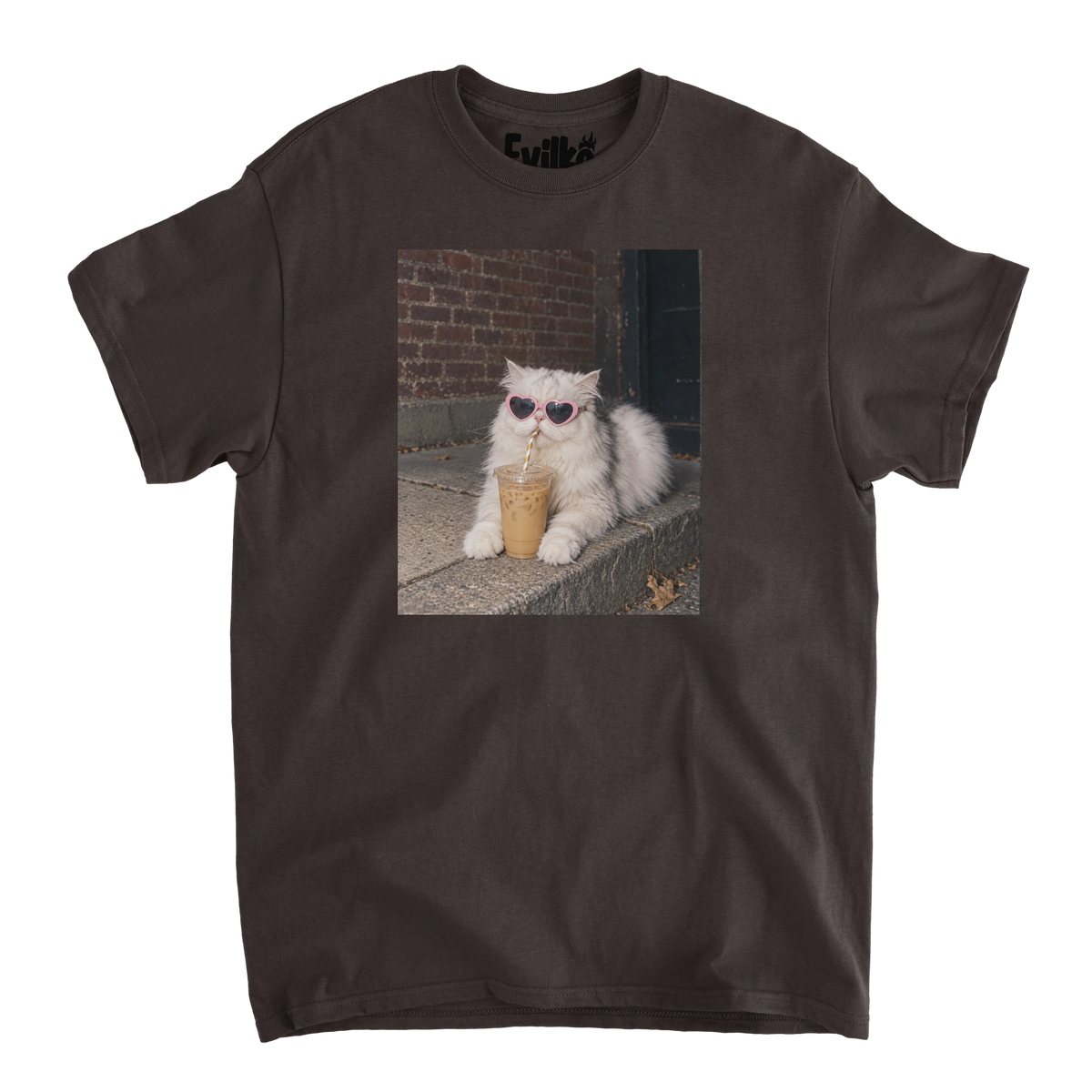 Heart Sunglasses Iced Coffee Cat Photo — Mens Tee — Dark Chocolate — Front