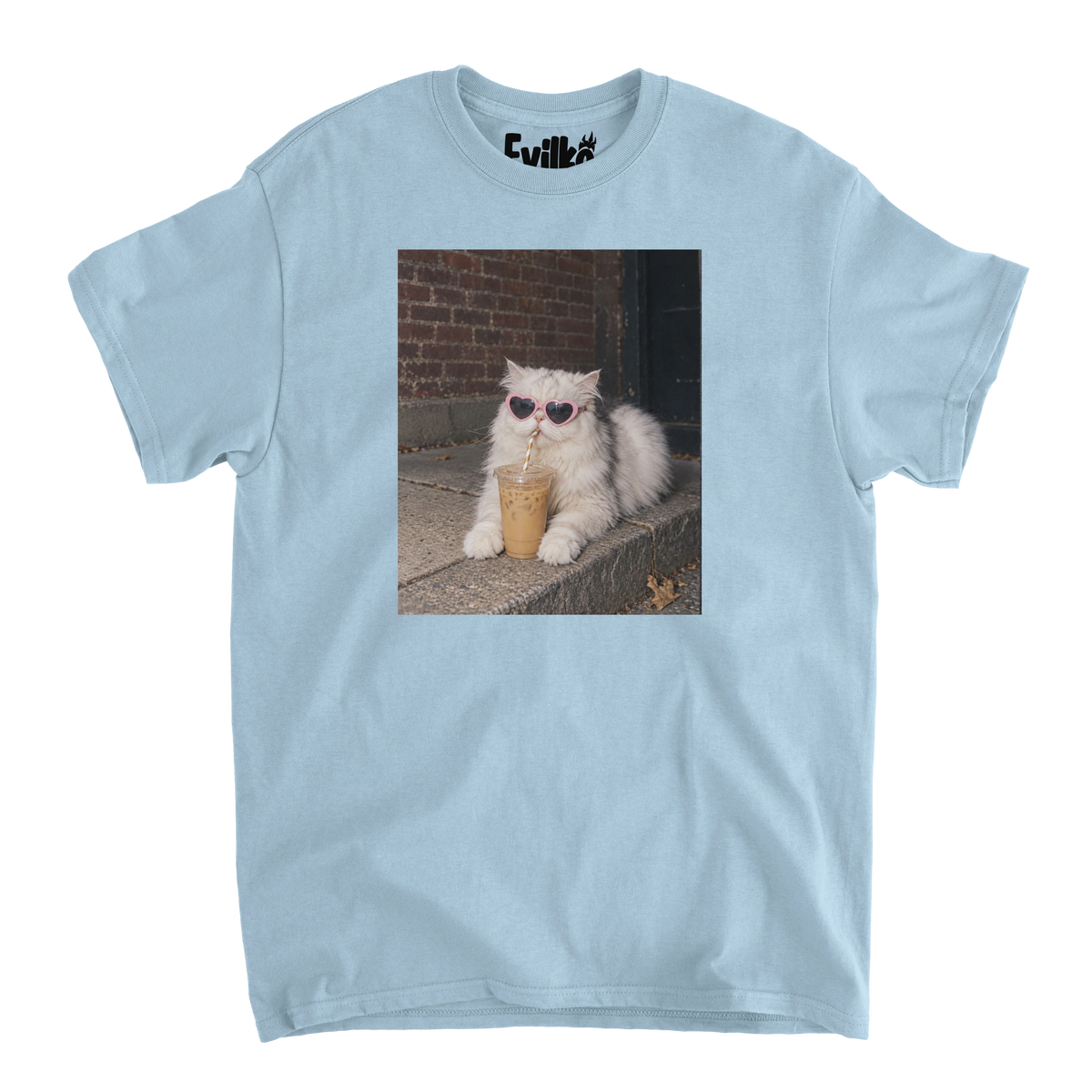 Heart Sunglasses Iced Coffee Cat Photo — Mens Tee — Light Blue — Front