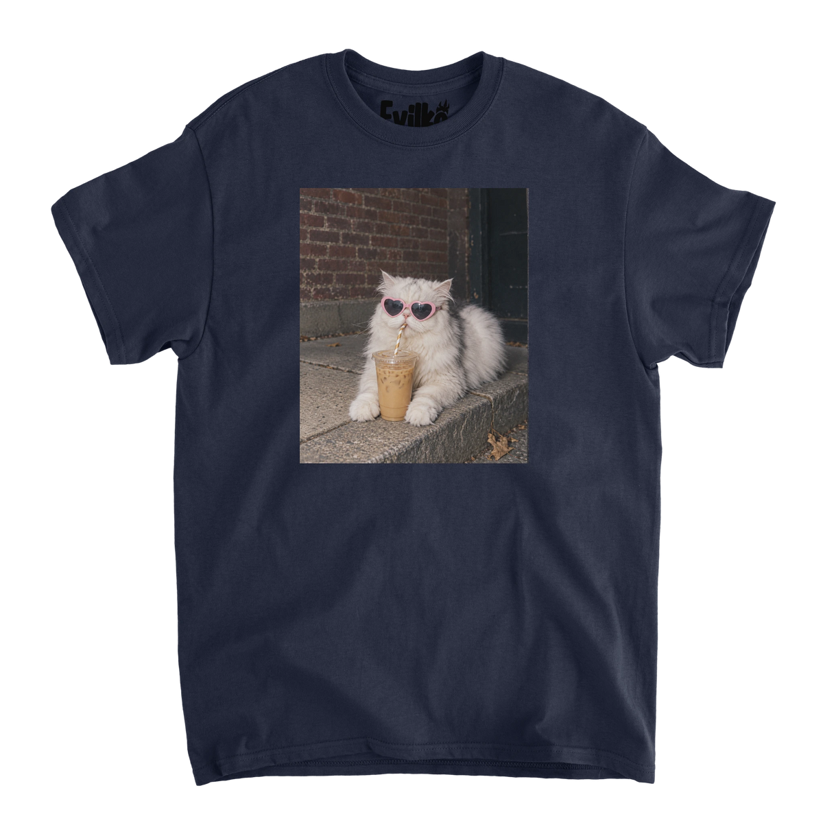 Heart Sunglasses Iced Coffee Cat Photo — Mens Tee — Navy — Front