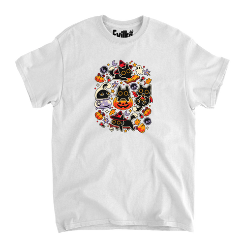 Spooky Halloween Cats — Mens Tee — White — Front