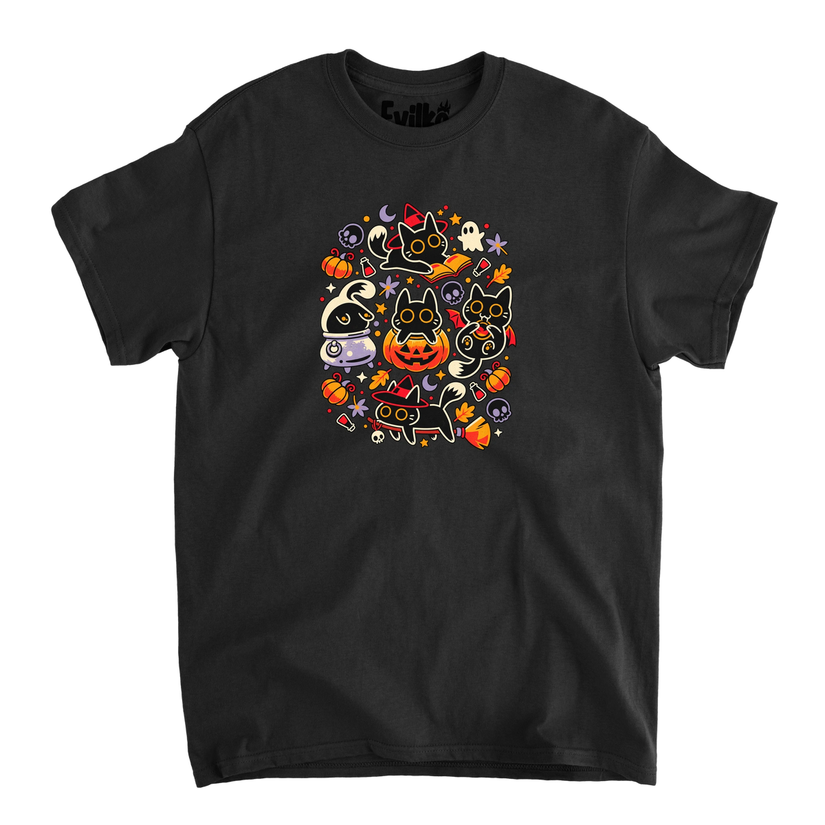 Spooky Halloween Cats — Mens Tee — Black — Front
