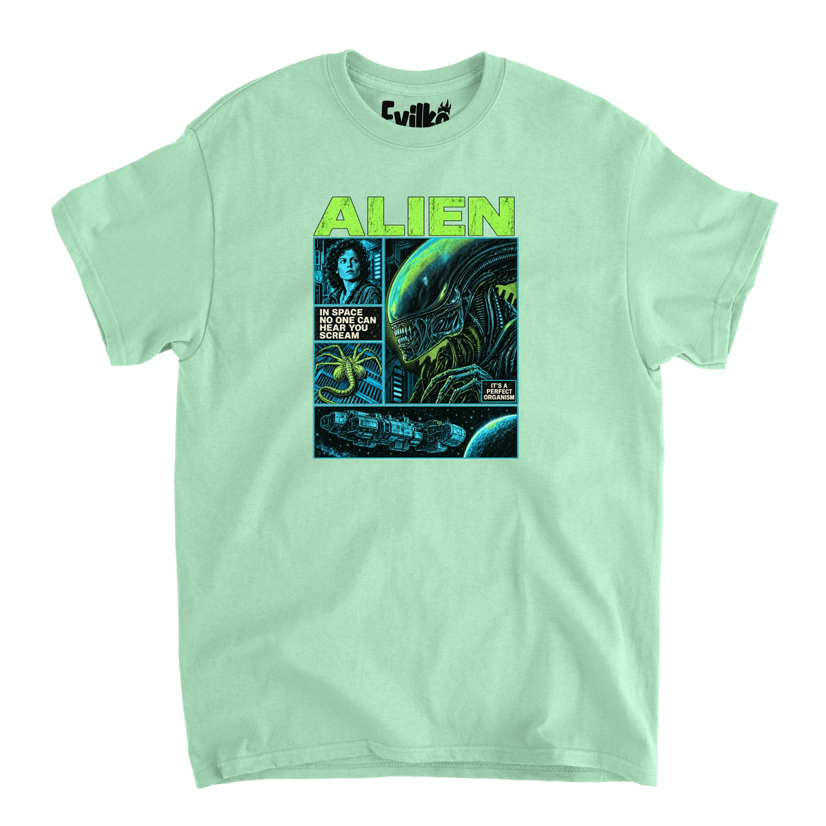 Alien Comic Panels — Mens Tee — Mint — Front