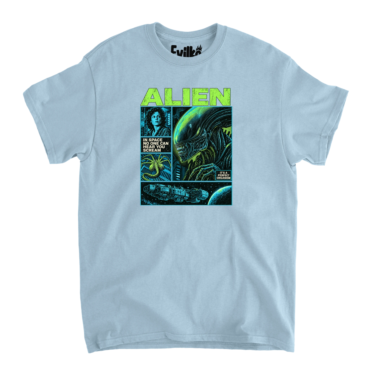 Alien Comic Panels — Mens Tee — Light Blue — Front