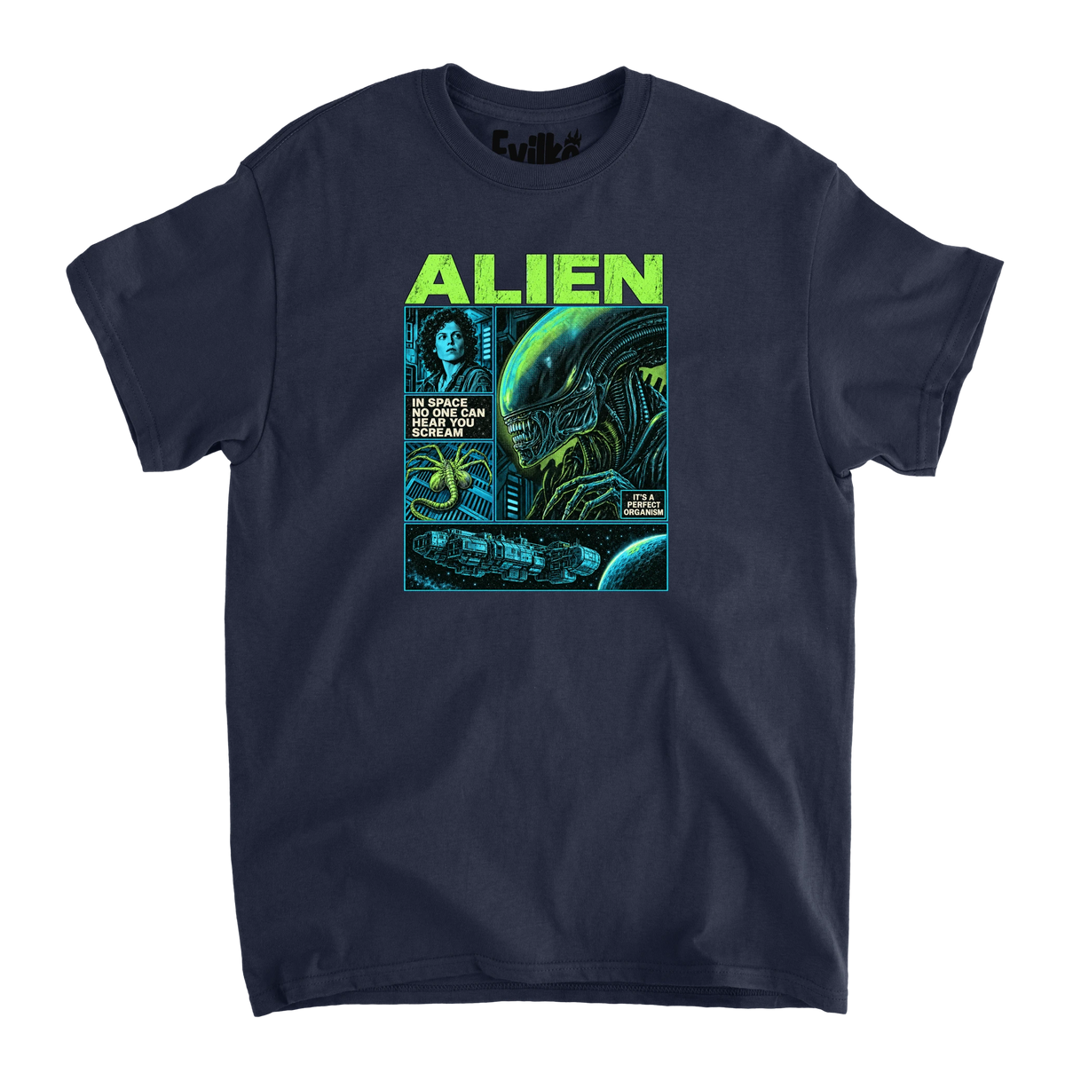 Alien Comic Panels — Mens Tee — Navy — Front