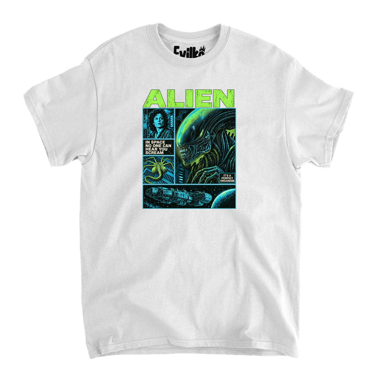 Alien Comic Panels — Mens Tee — White — Front