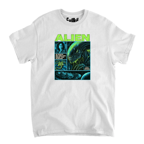 Alien Comic Panels — Mens Tee — White — Front