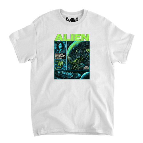 Alien Comic Panels — Mens Tee — White — Front