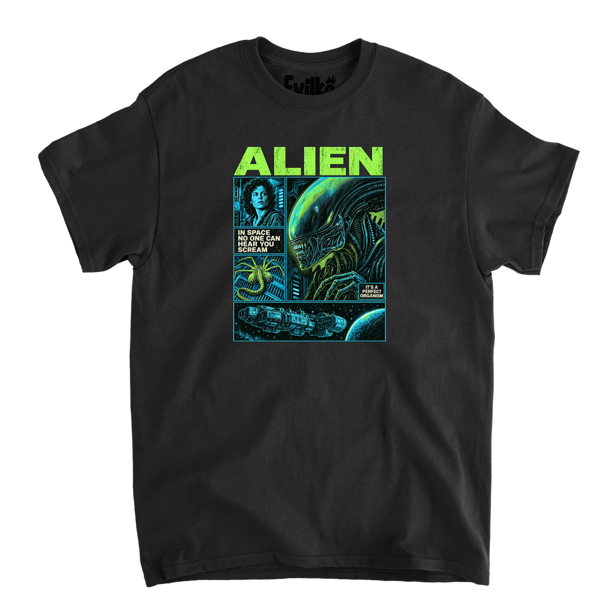 Alien Comic Panels — Mens Tee — Black — Front
