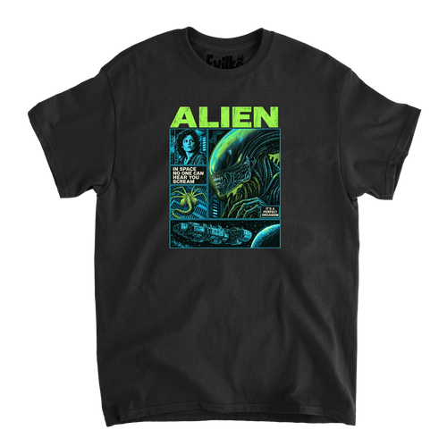 Alien Comic Panels — Mens Tee — Black — Front