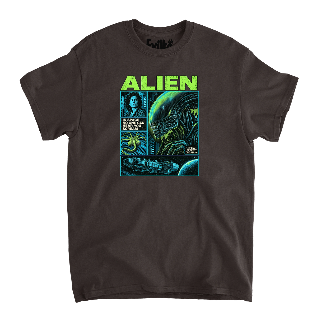 Alien Comic Panels — Mens Tee — Dark Chocolate — Front