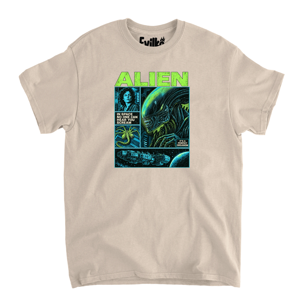 Alien Comic Panels — Mens Tee — Sand — Front
