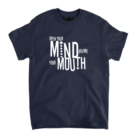 open mind not mouth — Mens Tee — Navy — Front