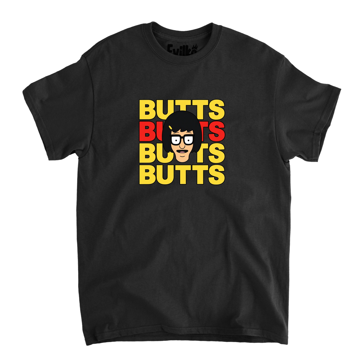 Butts Stacked Tina — Mens Tee — Black — Front