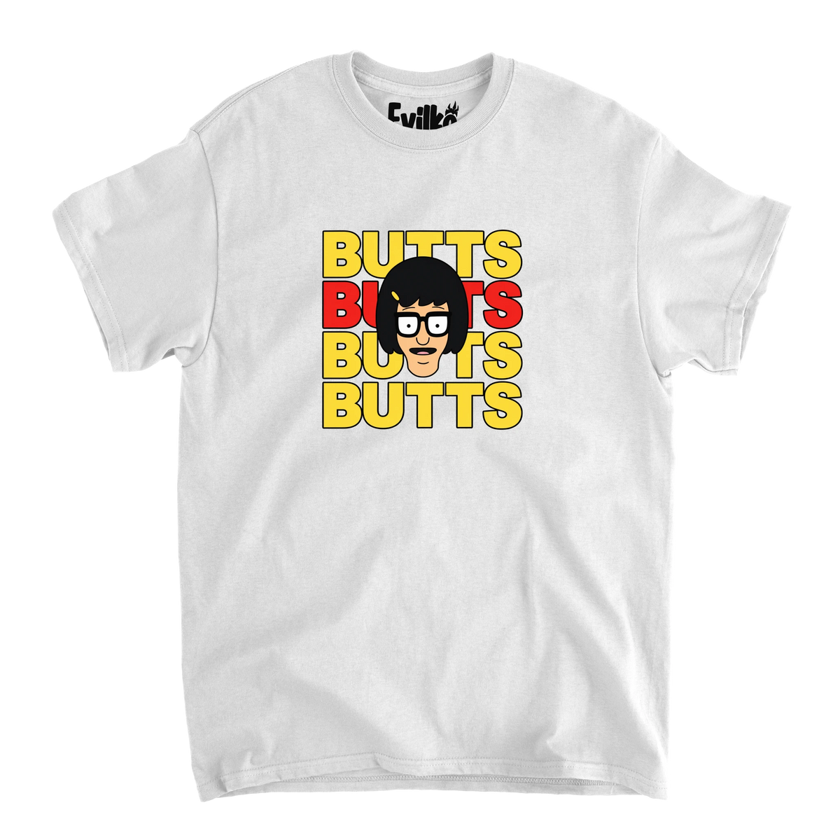 Butts Stacked Tina — Mens Tee — White — Front