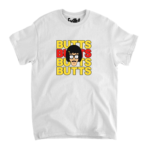 Butts Stacked Tina — Mens Tee — White — Front