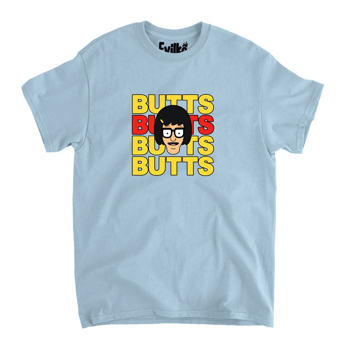 Butts Stacked Tina — Mens Tee — Light Blue — Front