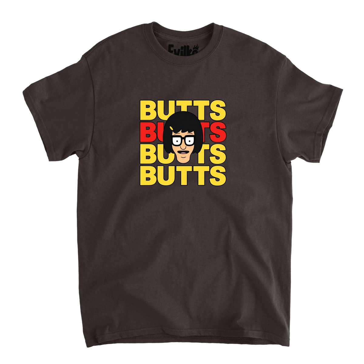 Butts Stacked Tina — Mens Tee — Dark Chocolate — Front
