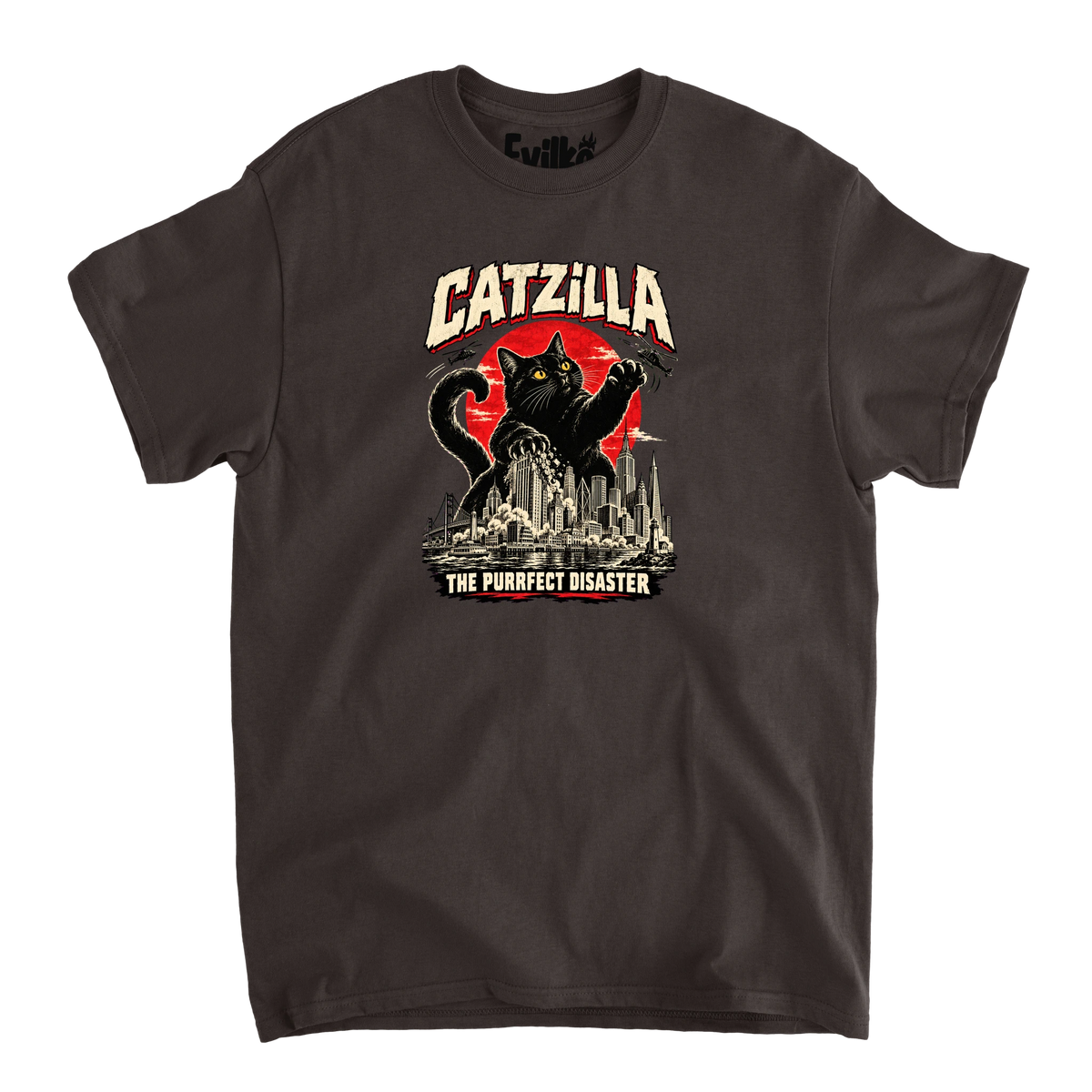 Catzilla — Mens Tee — Dark Chocolate — Front
