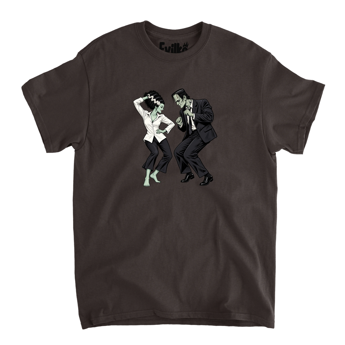 Frankenstein Bride Twist Dance — Mens Tee — Dark Chocolate — Front