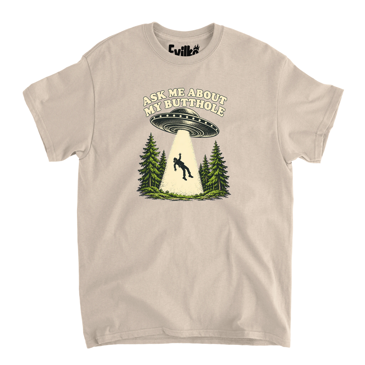 Ask Me About My Butthole UFO — Mens Tee — Sand — Front