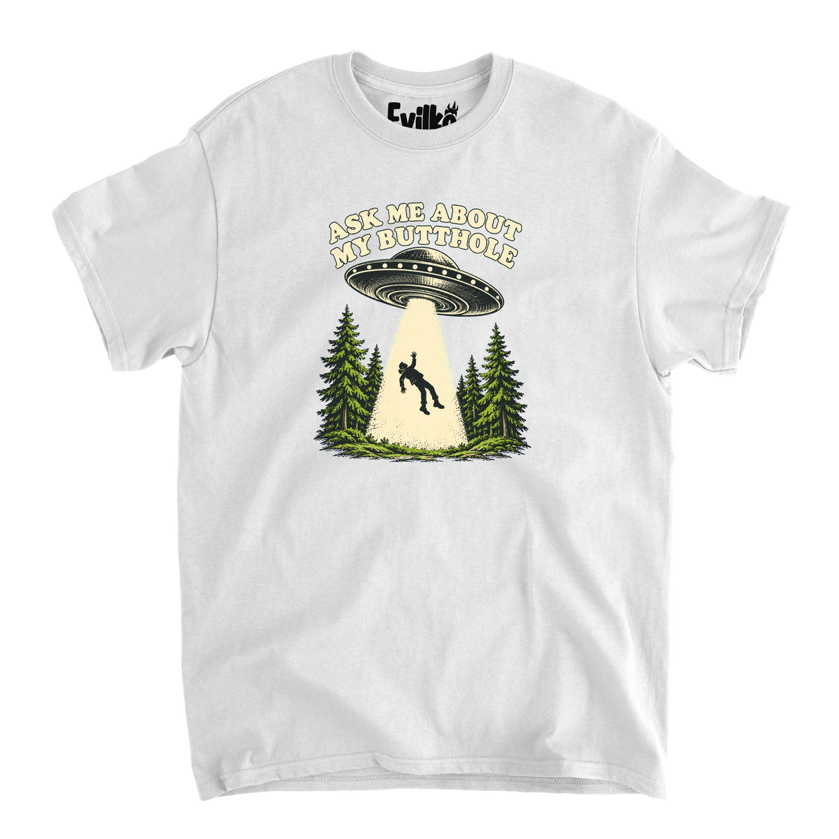 Ask Me About My Butthole UFO — Mens Tee — White — Front