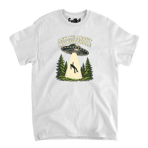 Ask Me About My Butthole UFO — Mens Tee — White — Front