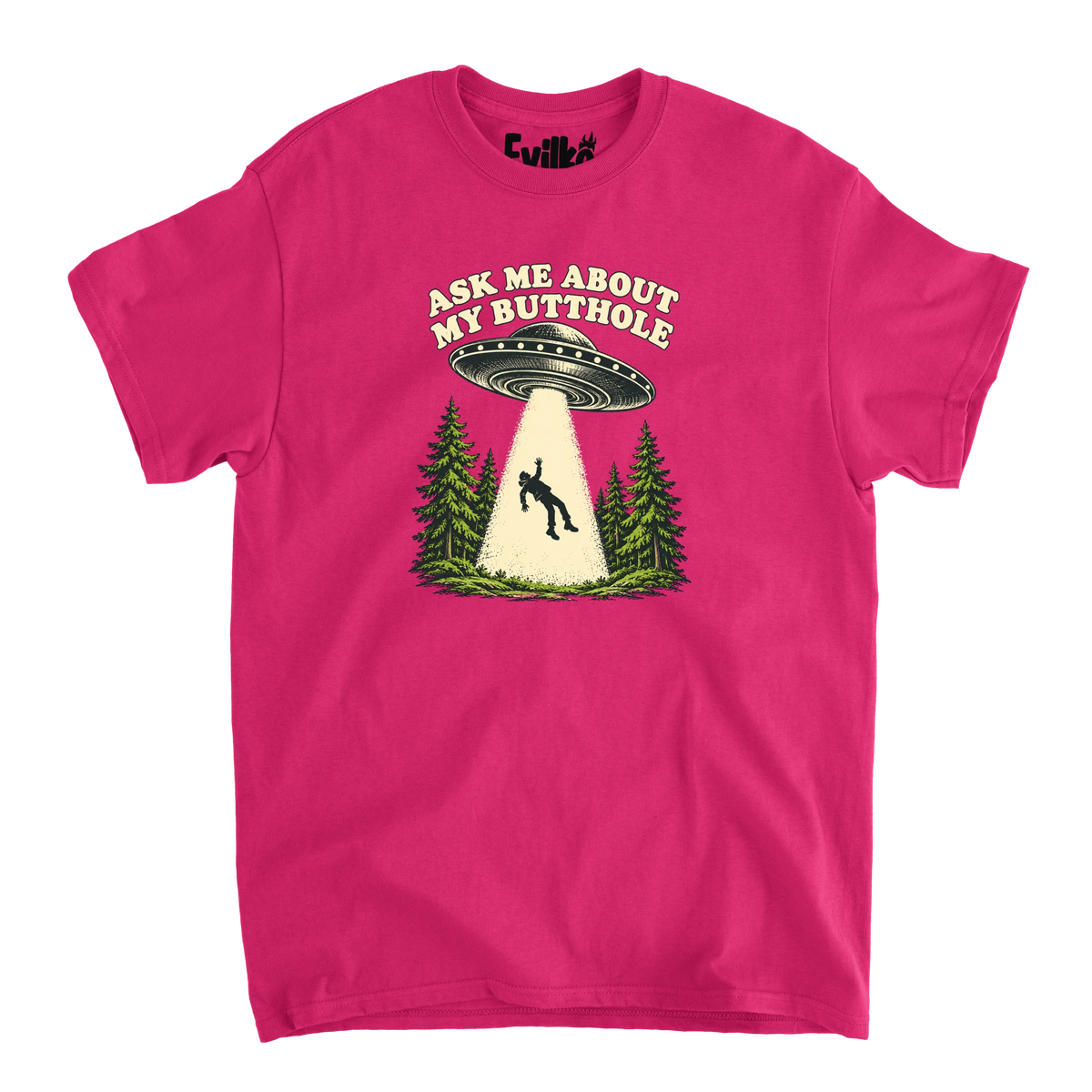 Ask Me About My Butthole UFO — Mens Tee — Heliconia — Front