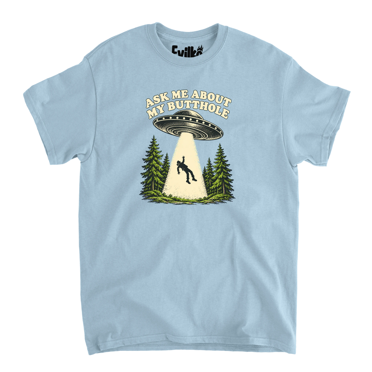 Ask Me About My Butthole UFO — Mens Tee — Light Blue — Front